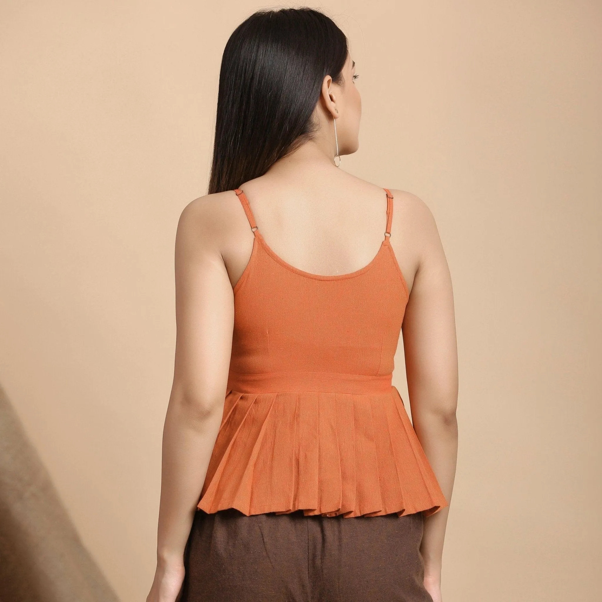 Orange Yarn Dyed Cotton Pleated Camisole Top