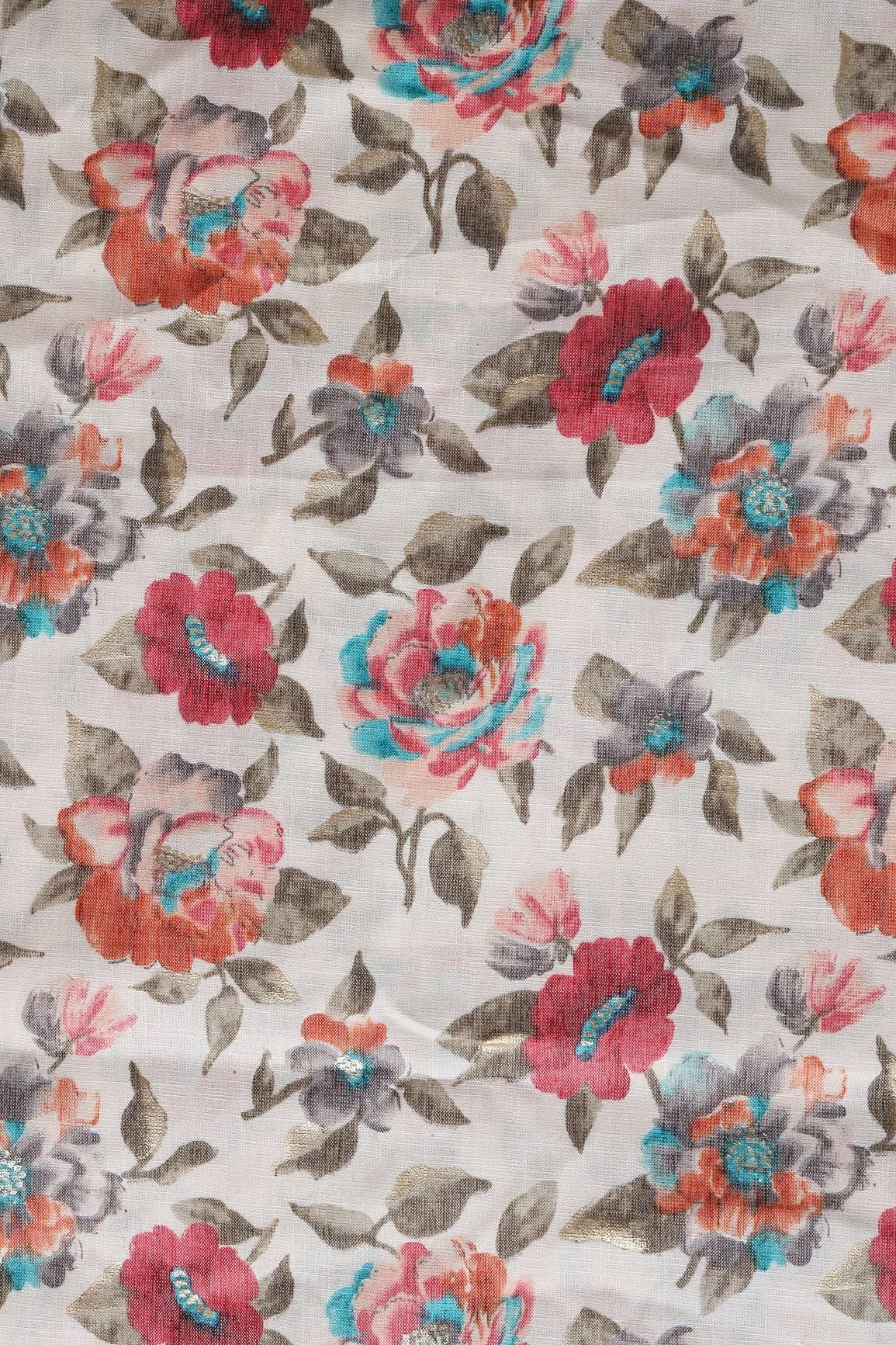 Pink And Orange Floral Pattern With Foil Print On Off White Pure Rayon Fabric