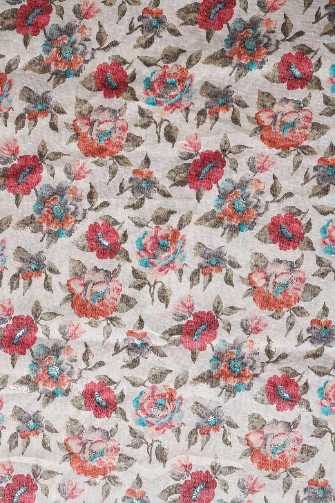 Pink And Orange Floral Pattern With Foil Print On Off White Pure Rayon Fabric