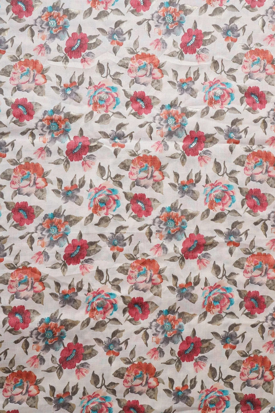 Pink And Orange Floral Pattern With Foil Print On Off White Pure Rayon Fabric