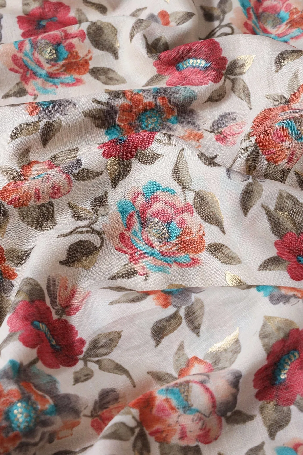 Pink And Orange Floral Pattern With Foil Print On Off White Pure Rayon Fabric