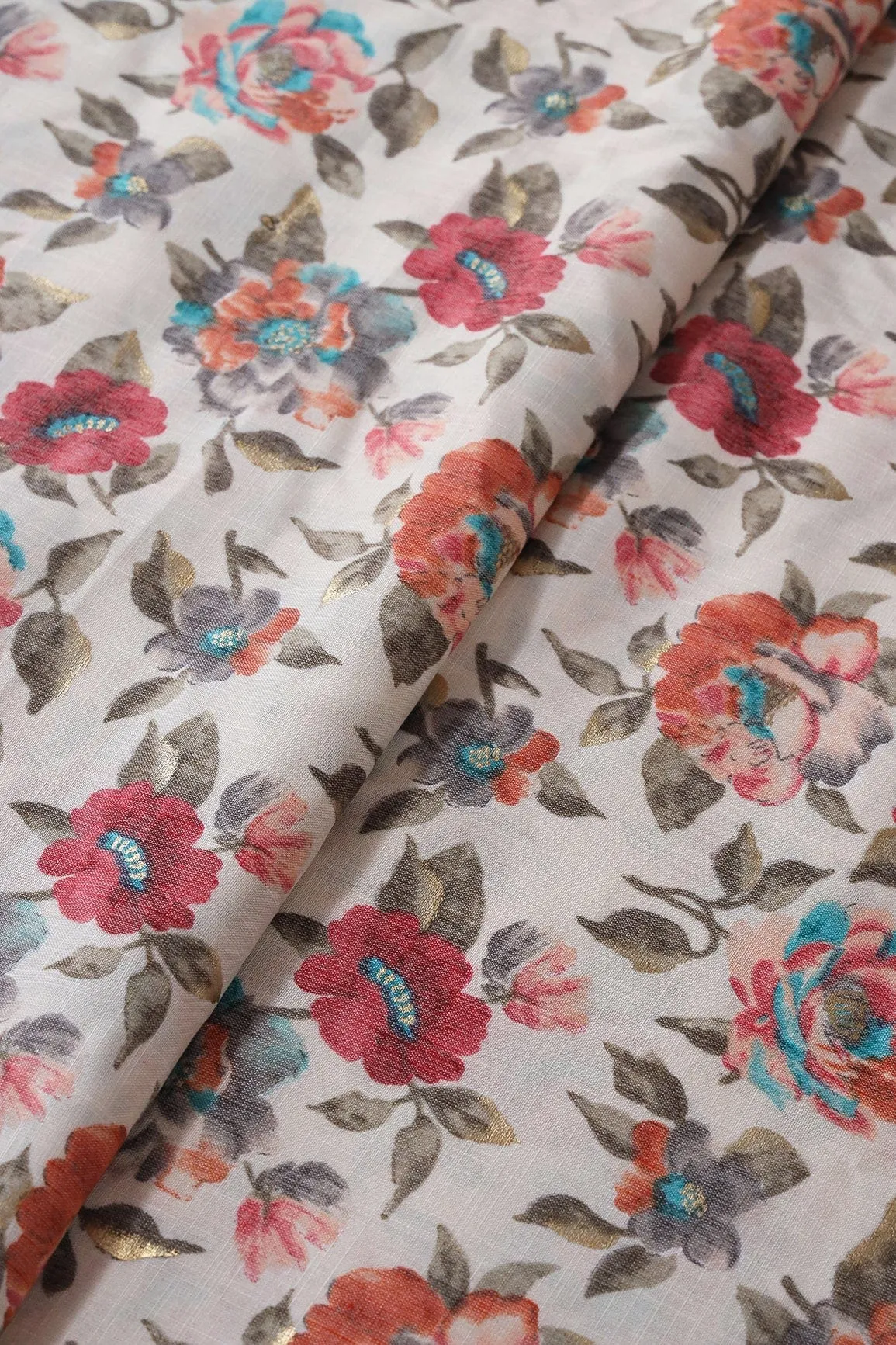 Pink And Orange Floral Pattern With Foil Print On Off White Pure Rayon Fabric