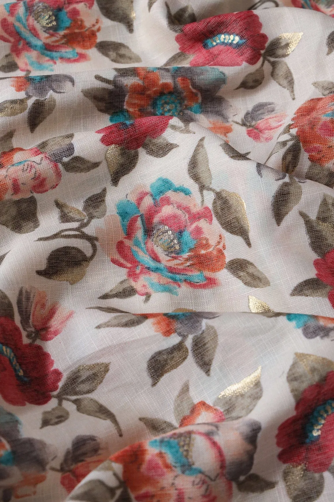 Pink And Orange Floral Pattern With Foil Print On Off White Pure Rayon Fabric