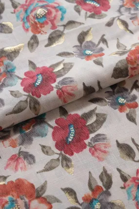 Pink And Orange Floral Pattern With Foil Print On Off White Pure Rayon Fabric