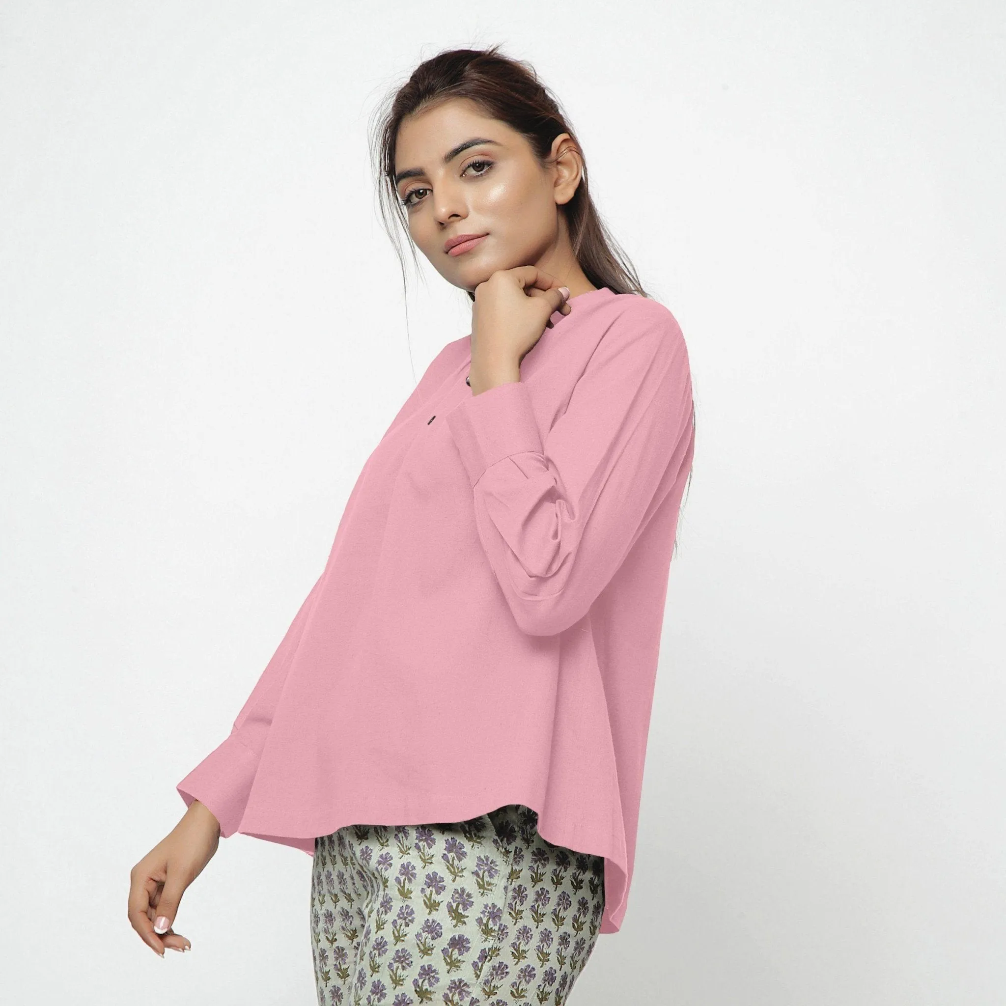 Pink Cotton Flax Mandarin Collar Yoked Top