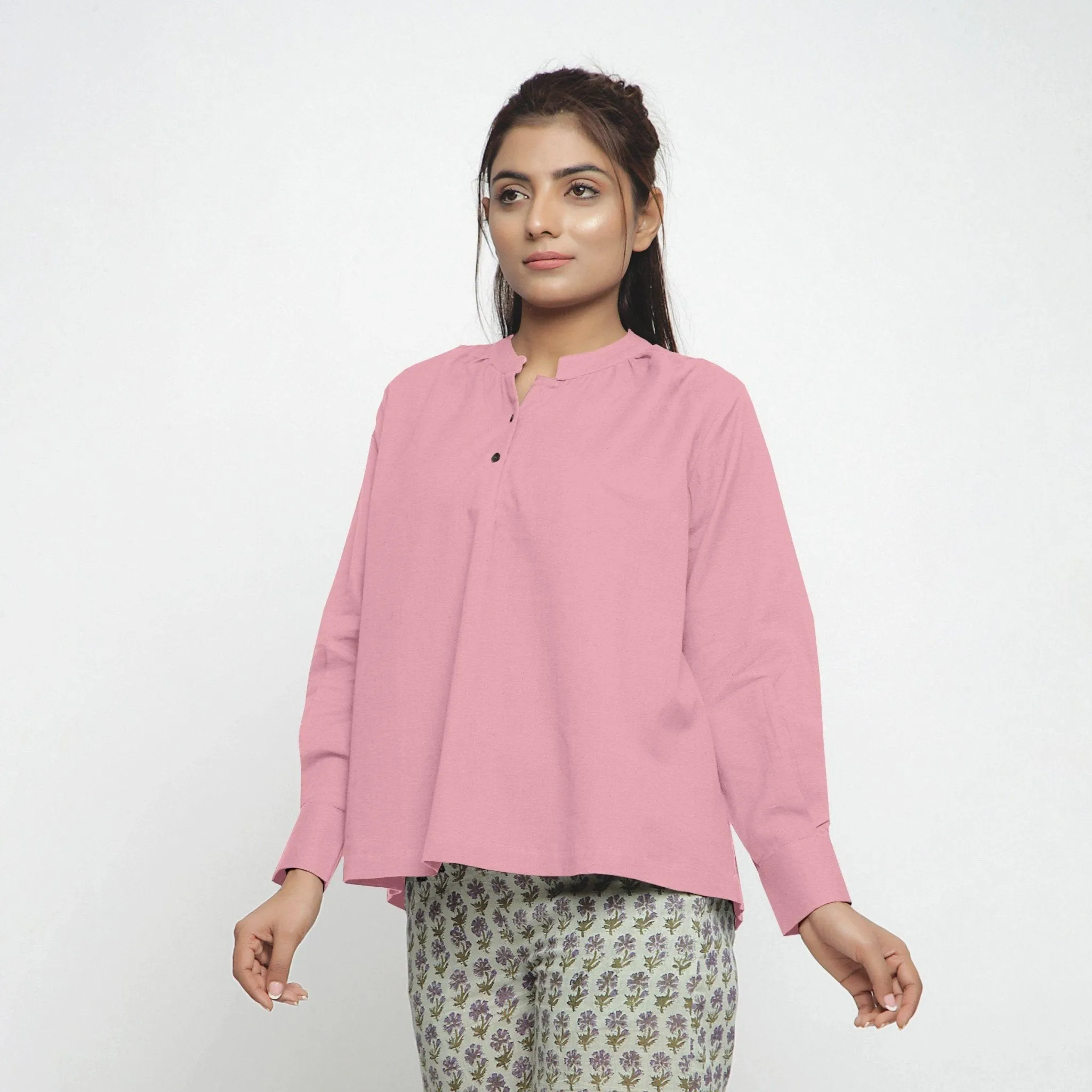 Pink Cotton Flax Mandarin Collar Yoked Top