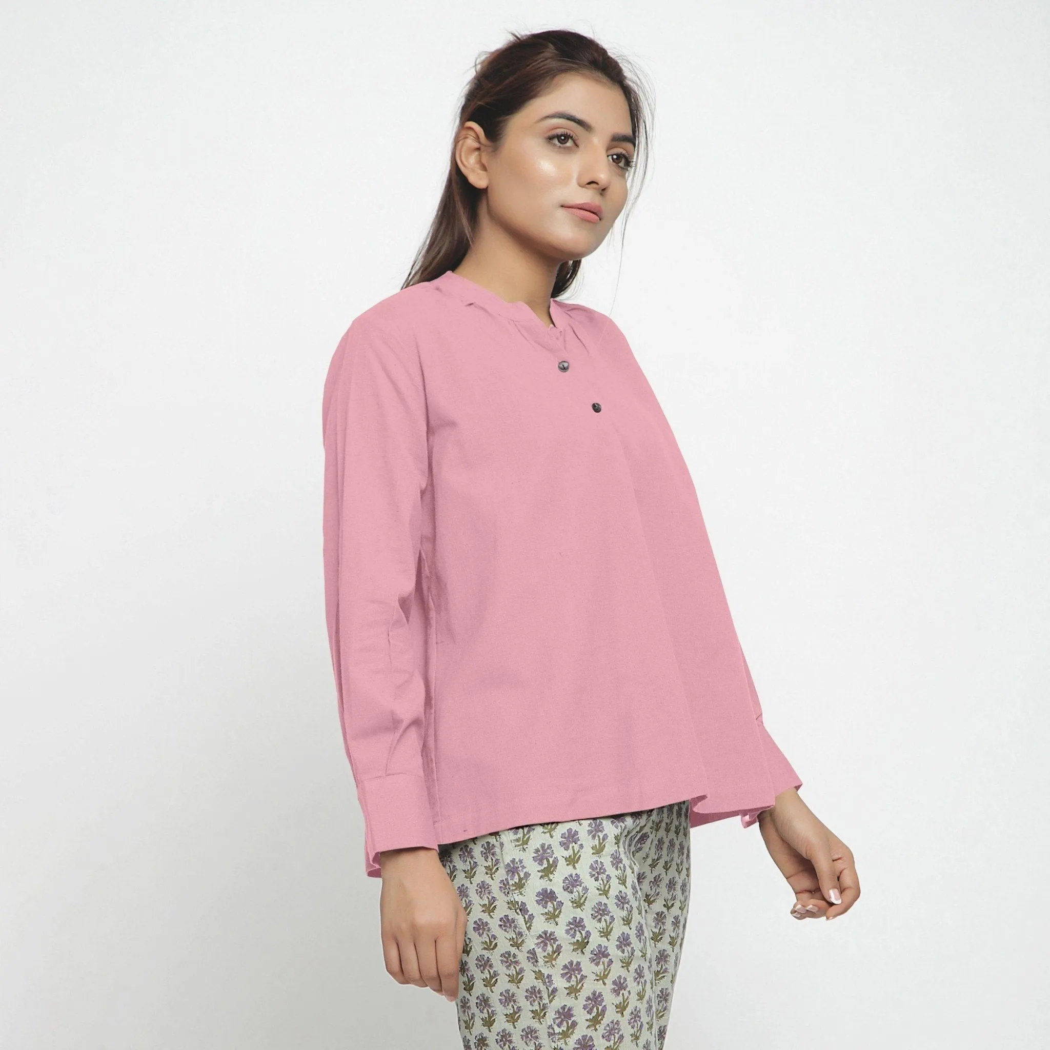 Pink Cotton Flax Mandarin Collar Yoked Top