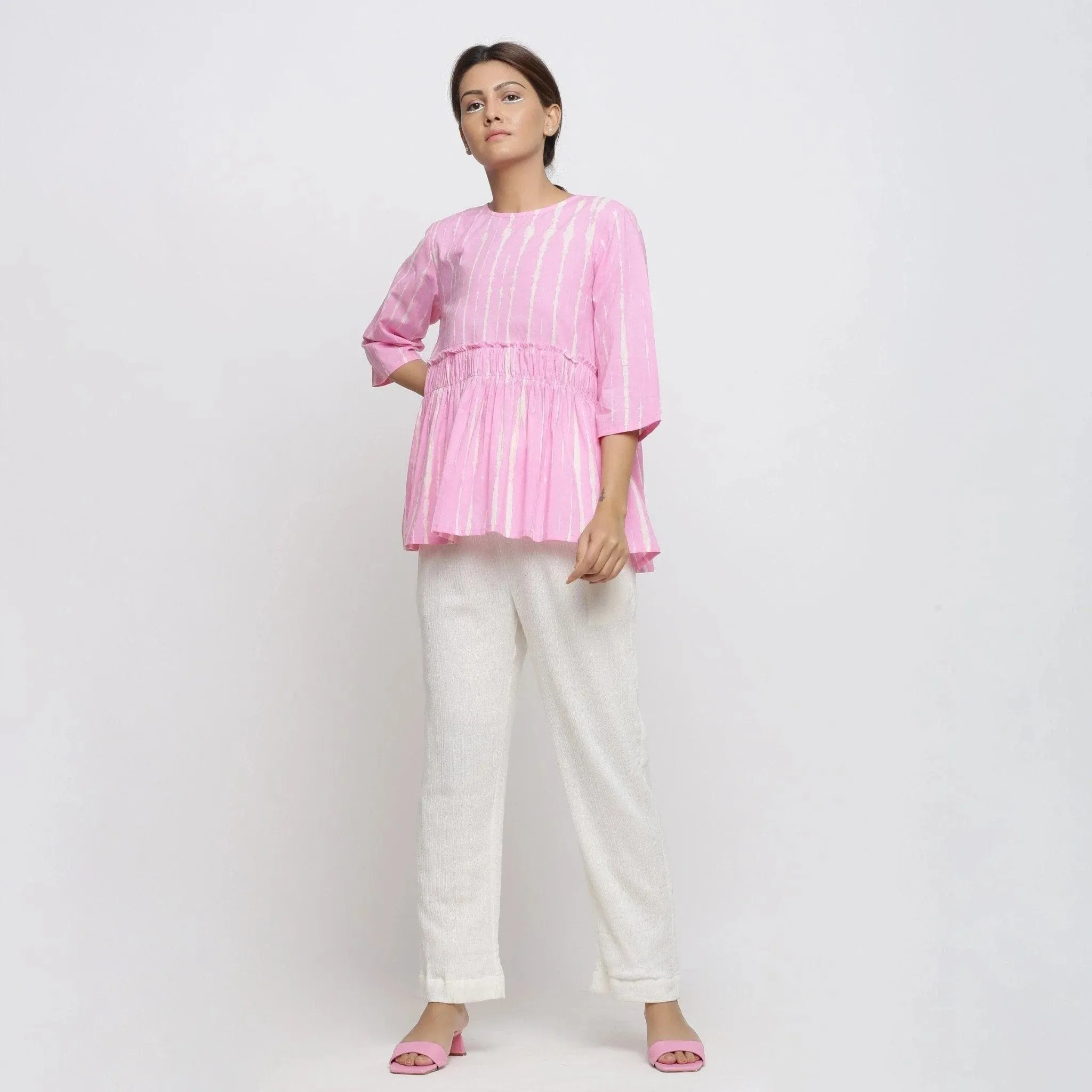 Pink Cotton Tie-Dye Cotton Gathered Flared Top