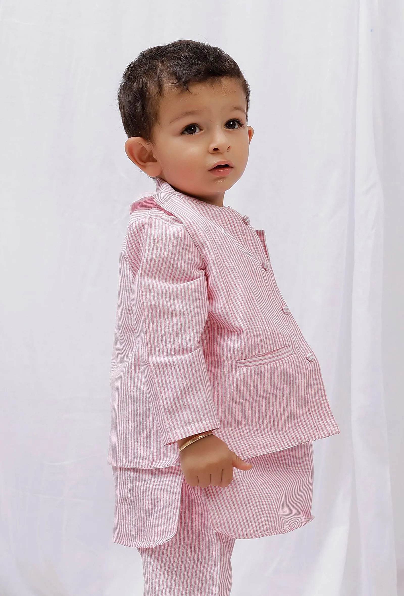 Pink Striped Nehru Cotton Sleeveless Jacket