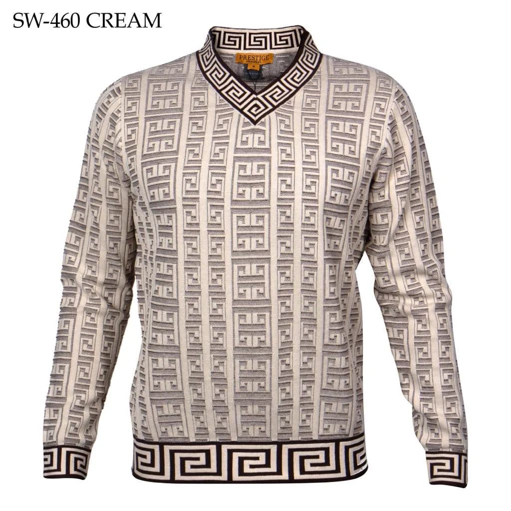 Prestige Brown and Cream V-Neck Greek Key Trim Luxury Men's Sweaters