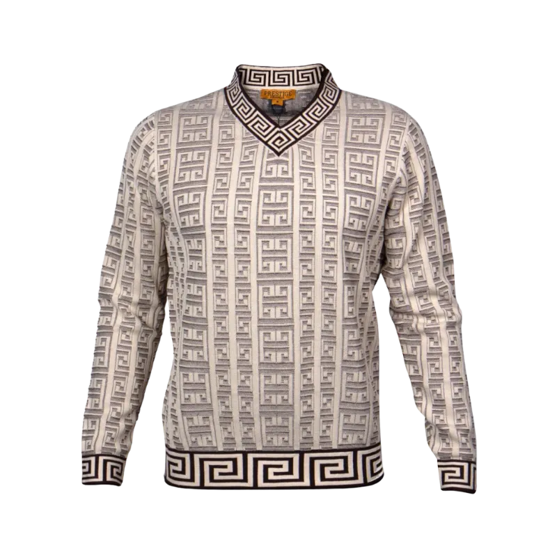 Prestige Brown and Cream V-Neck Greek Key Trim Luxury Men's Sweaters