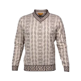 Prestige Brown and Cream V-Neck Greek Key Trim Luxury Men's Sweaters