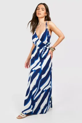 Printed ring detail maxi dress in blue