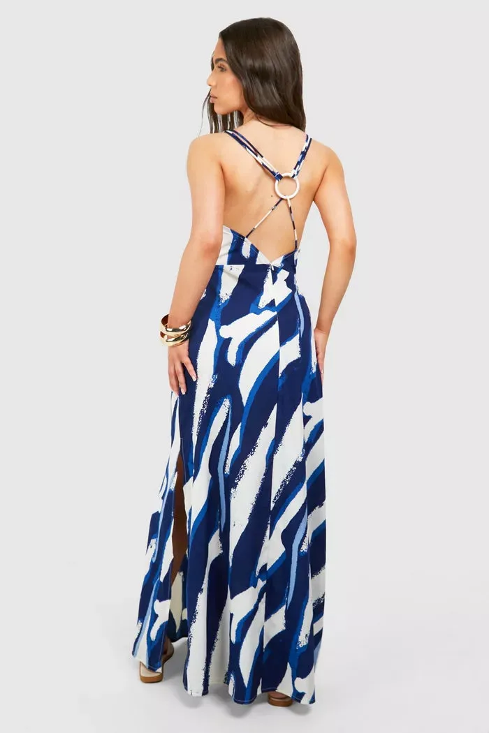 Printed ring detail maxi dress in blue