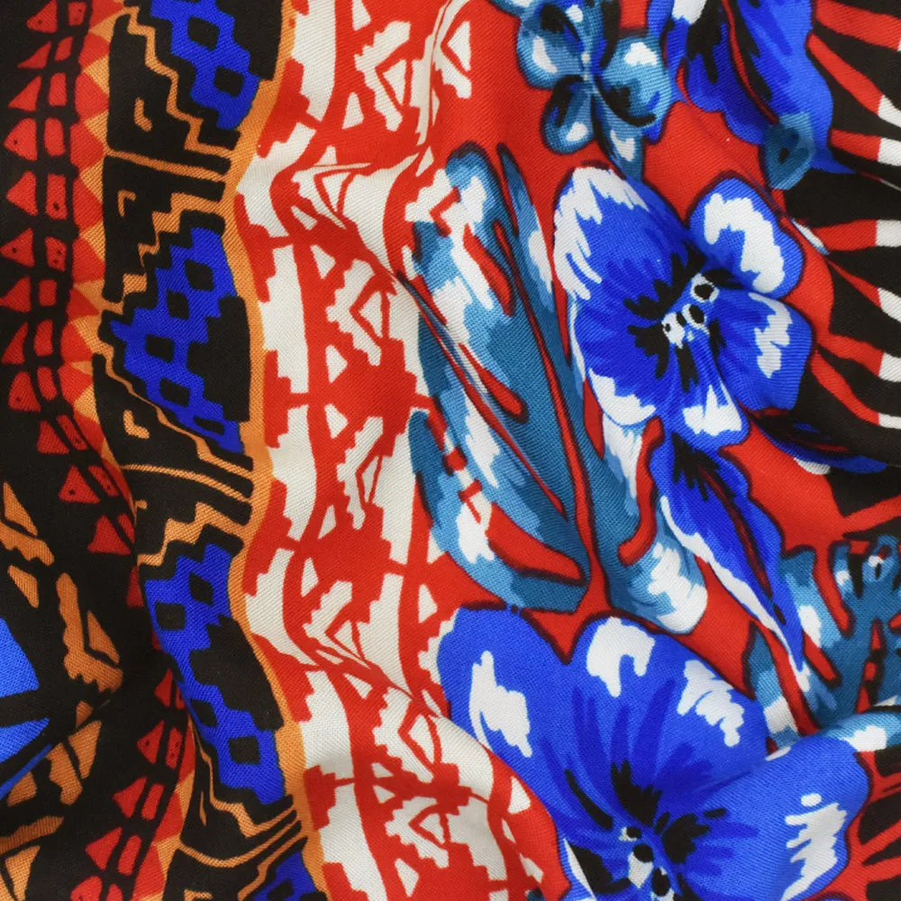 Red-Blue-Multi Floral Tribal Stripe Printed Challis Fabric