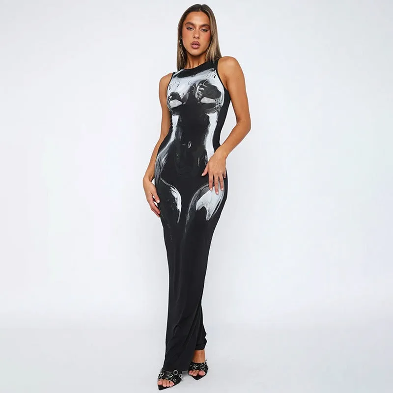 Round Neck Black Marble Print Bodycon Maxi Dress