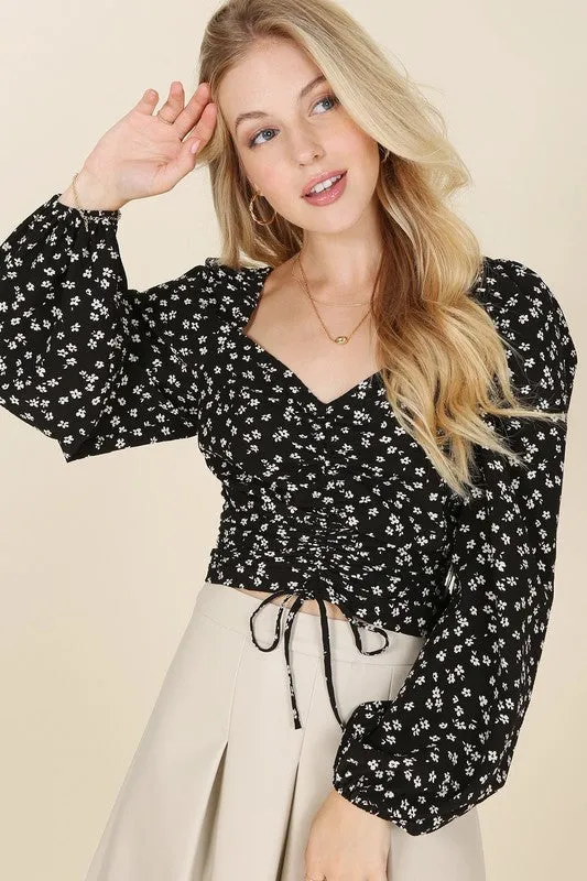 Ruched floral print crop top with puff sleeves