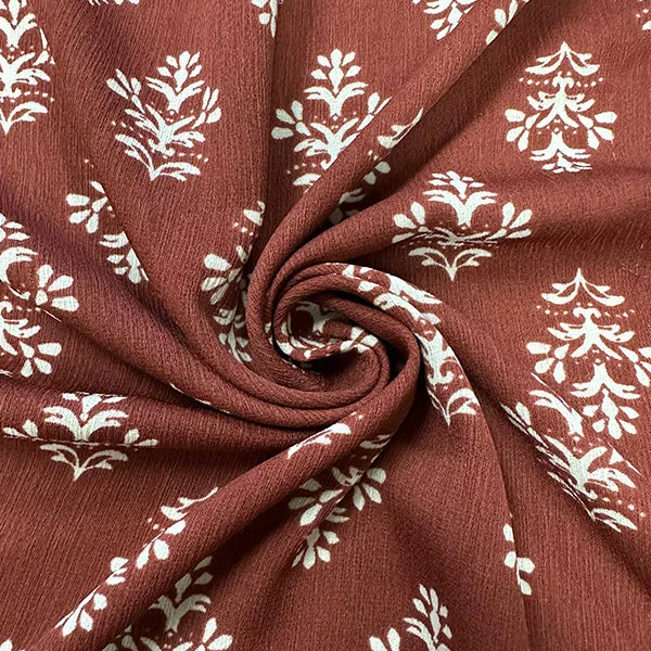 Rust and White Floral Medallion Poly Print High Crepe Fabric