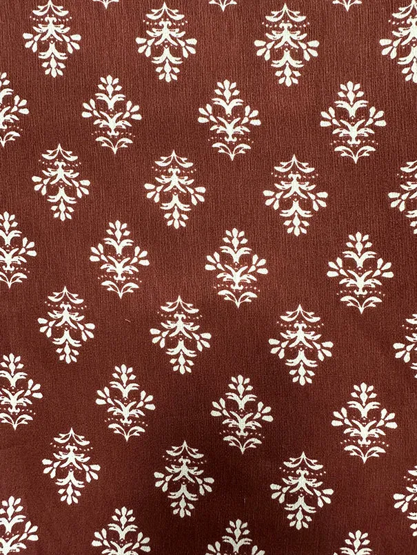 Rust and White Floral Medallion Poly Print High Crepe Fabric