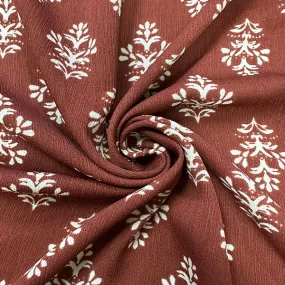 Rust and White Floral Medallion Poly Print High Crepe Fabric