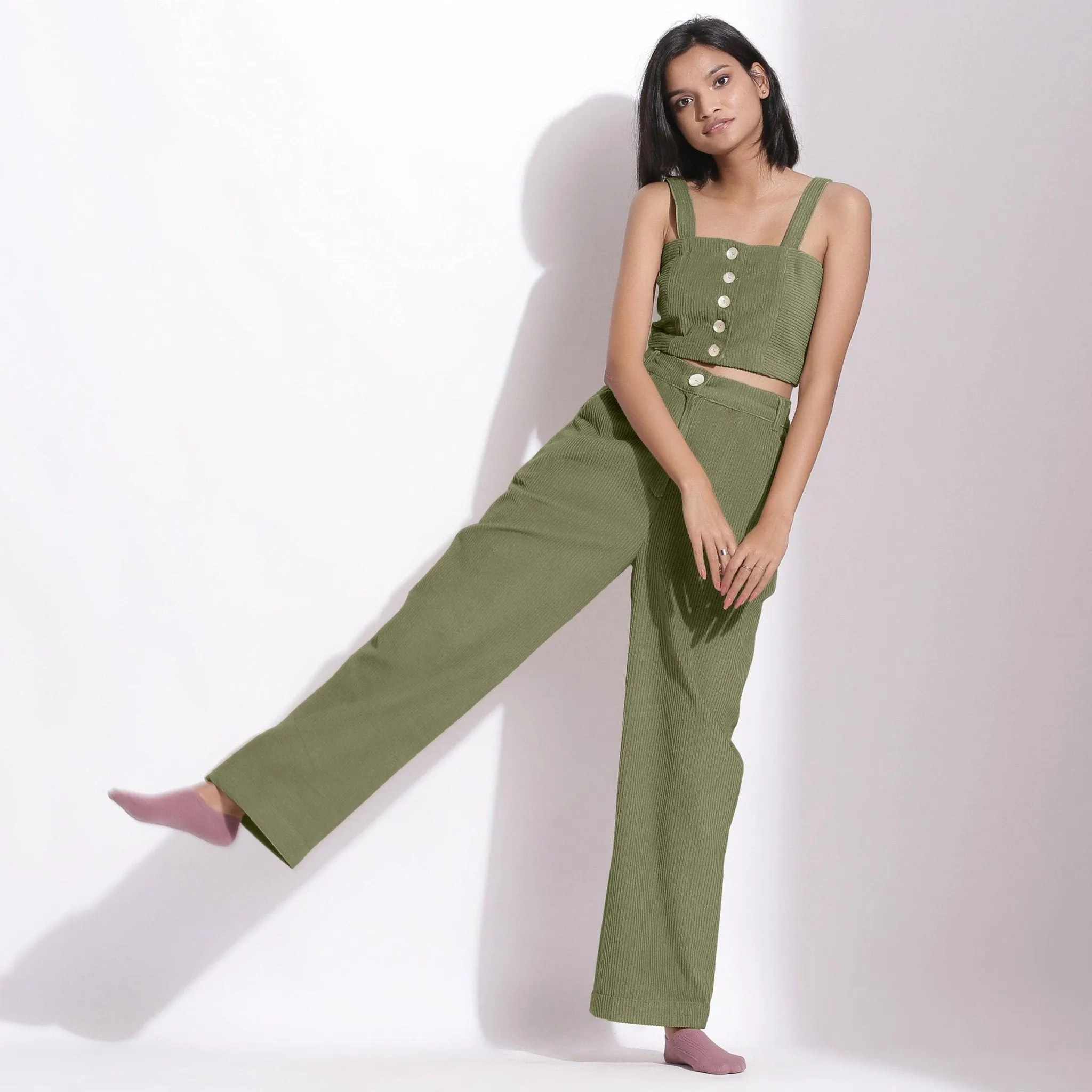 Sage Green Warm Cotton Corduroy Wide Legged Trousers