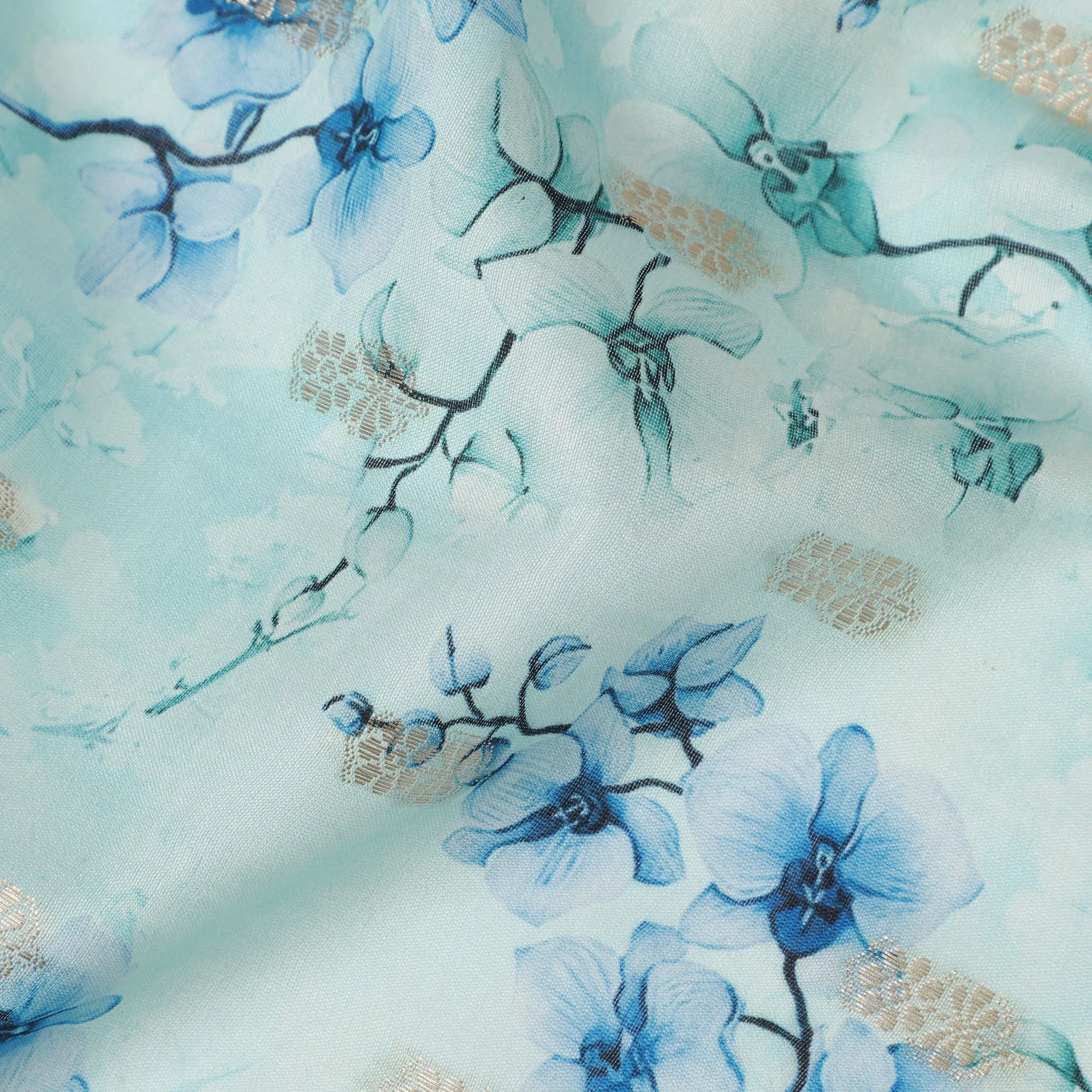 Sky Blue Viscose Blended Fabric with Blue and White Floral Embroidery, 110 cm Width-D20444