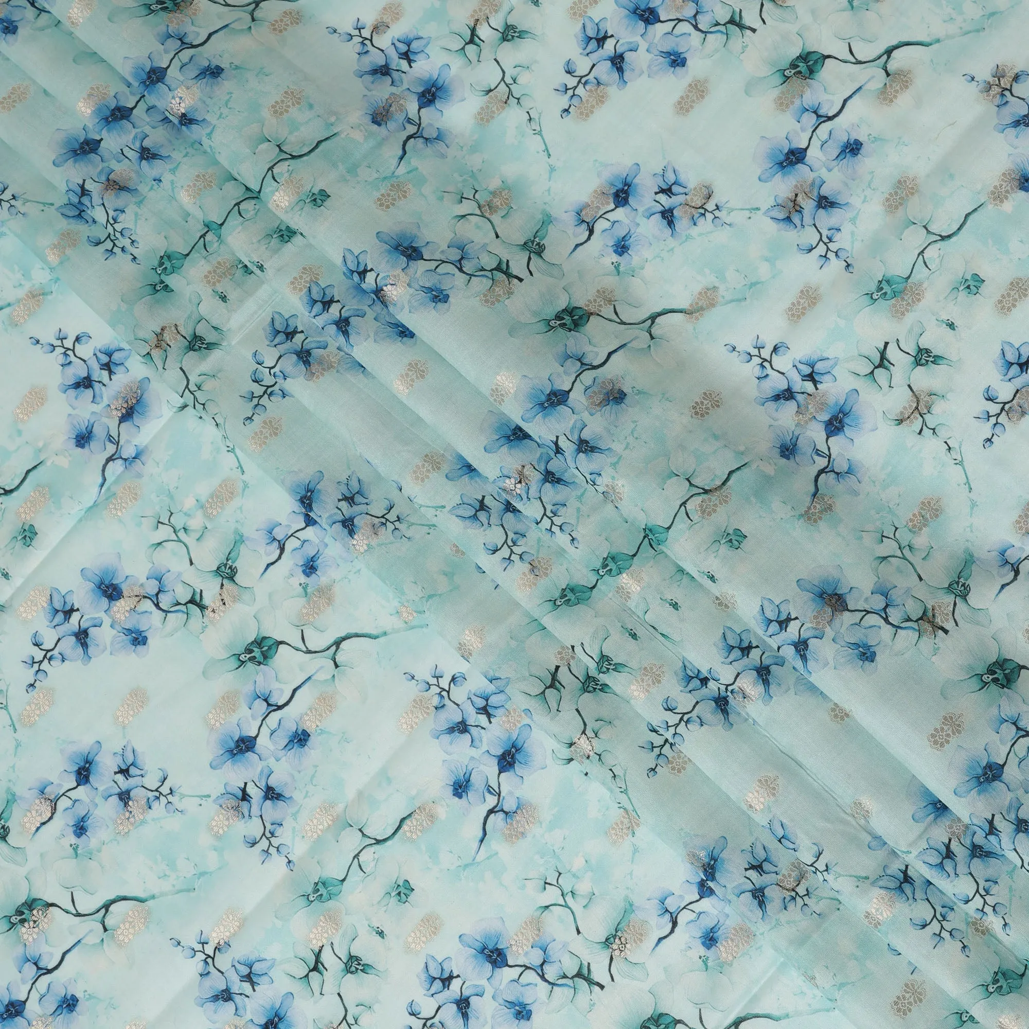 Sky Blue Viscose Blended Fabric with Blue and White Floral Embroidery, 110 cm Width-D20444