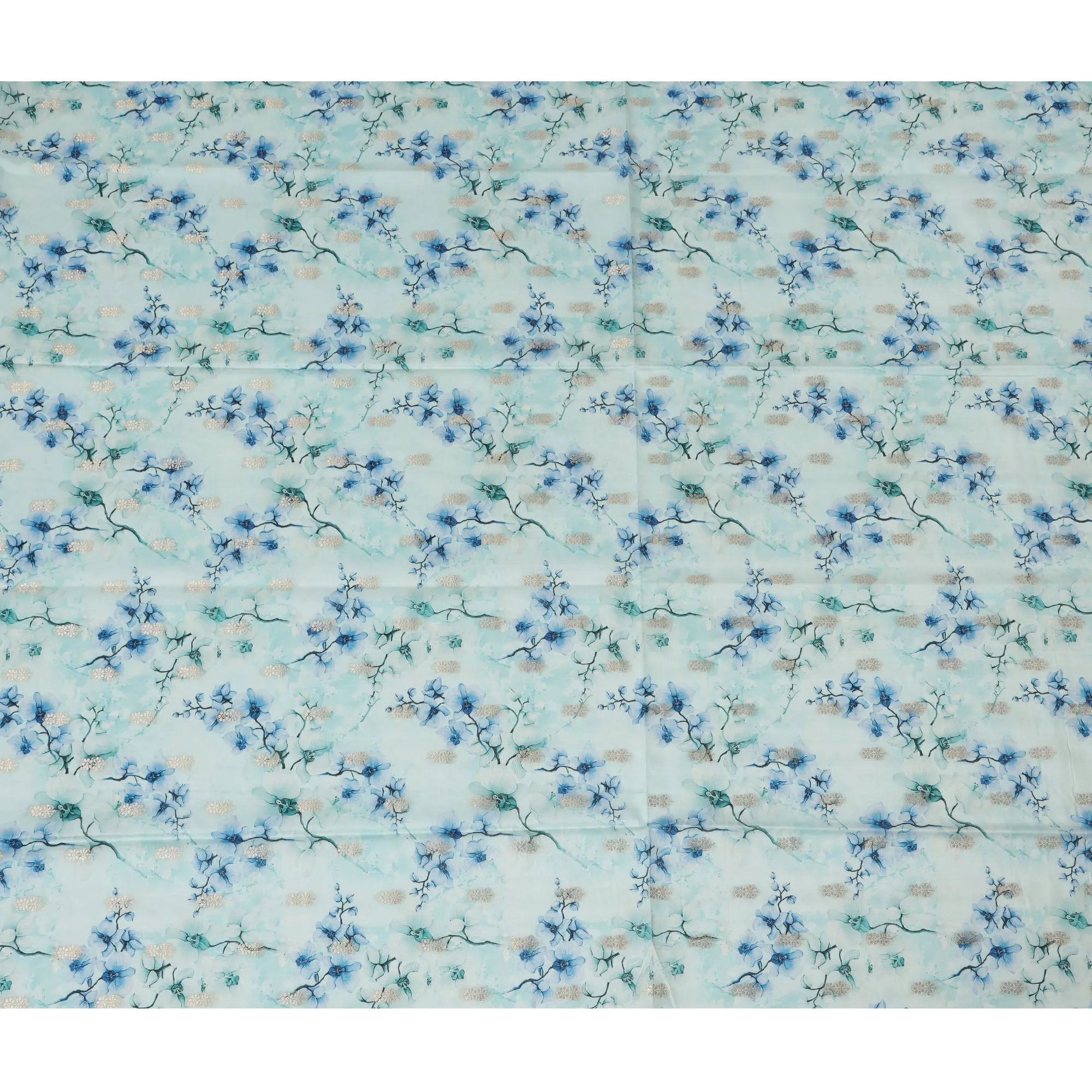 Sky Blue Viscose Blended Fabric with Blue and White Floral Embroidery, 110 cm Width-D20444