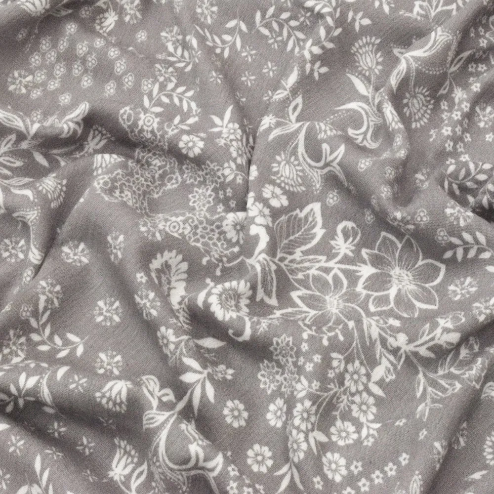 Space Gray-White Floral Printed Rayon Crepon Woven Fabric