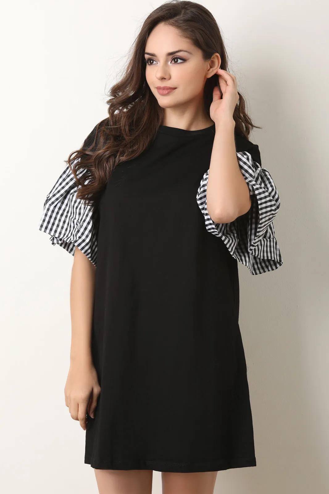 Statement Plaid Trumpet Sleeve Shift Dress