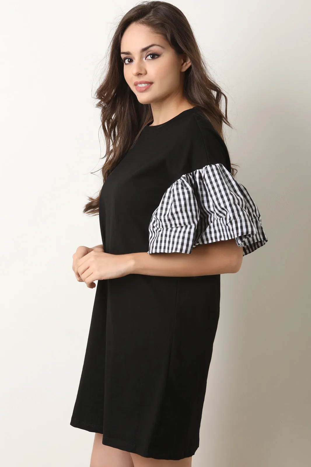 Statement Plaid Trumpet Sleeve Shift Dress