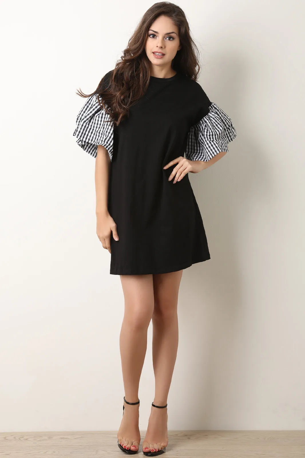 Statement Plaid Trumpet Sleeve Shift Dress