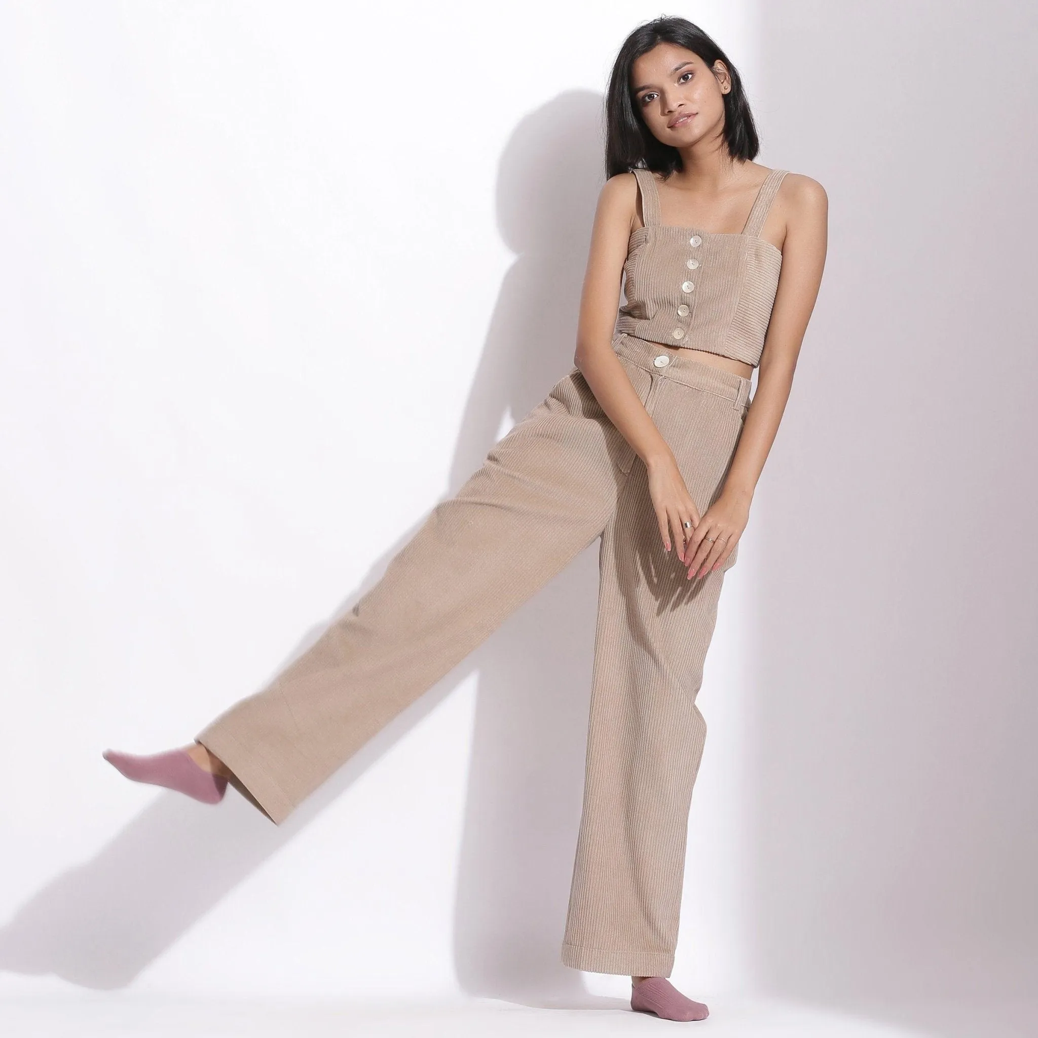 Taupe Beige Warm Cotton Corduroy Wide Legged Trousers