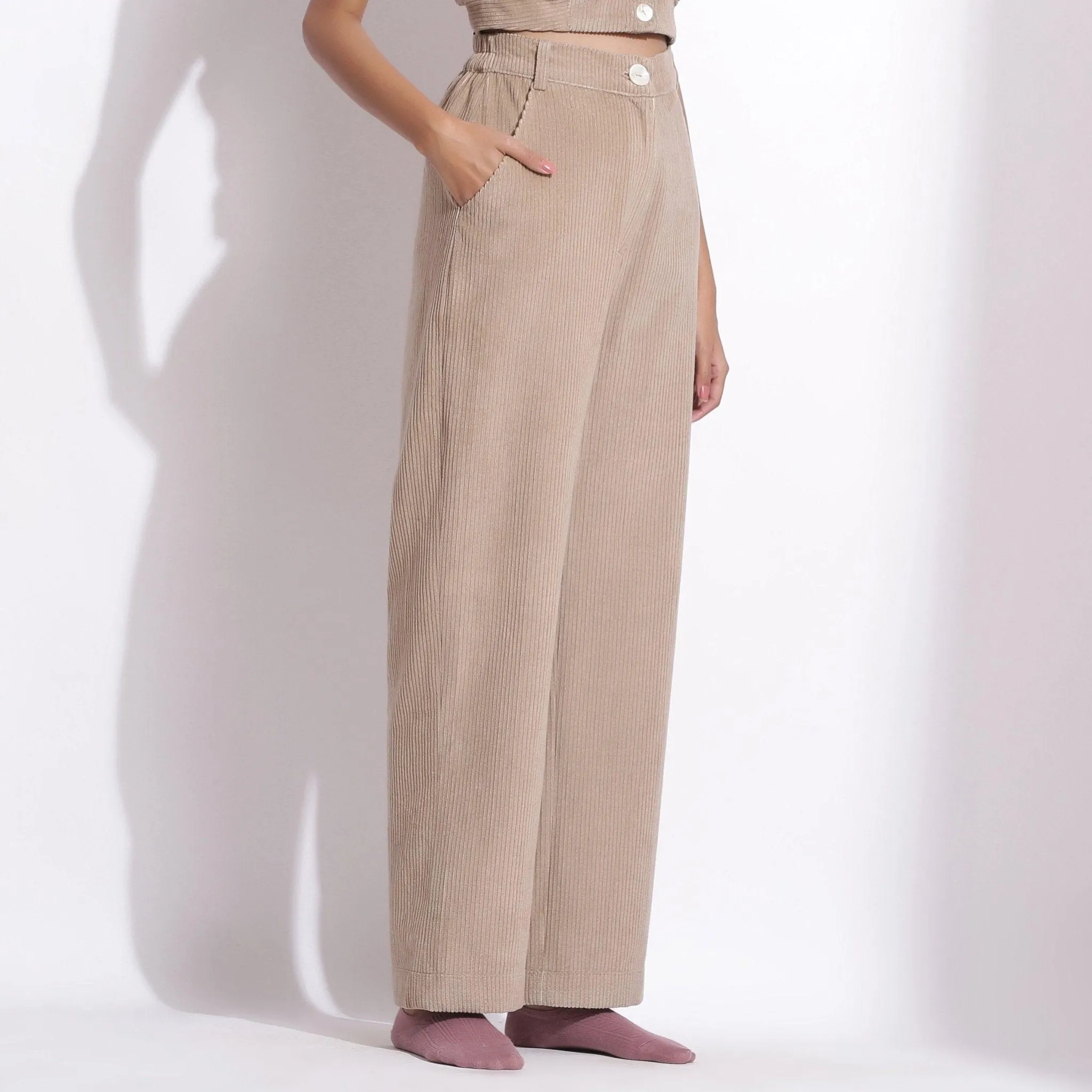 Taupe Beige Warm Cotton Corduroy Wide Legged Trousers