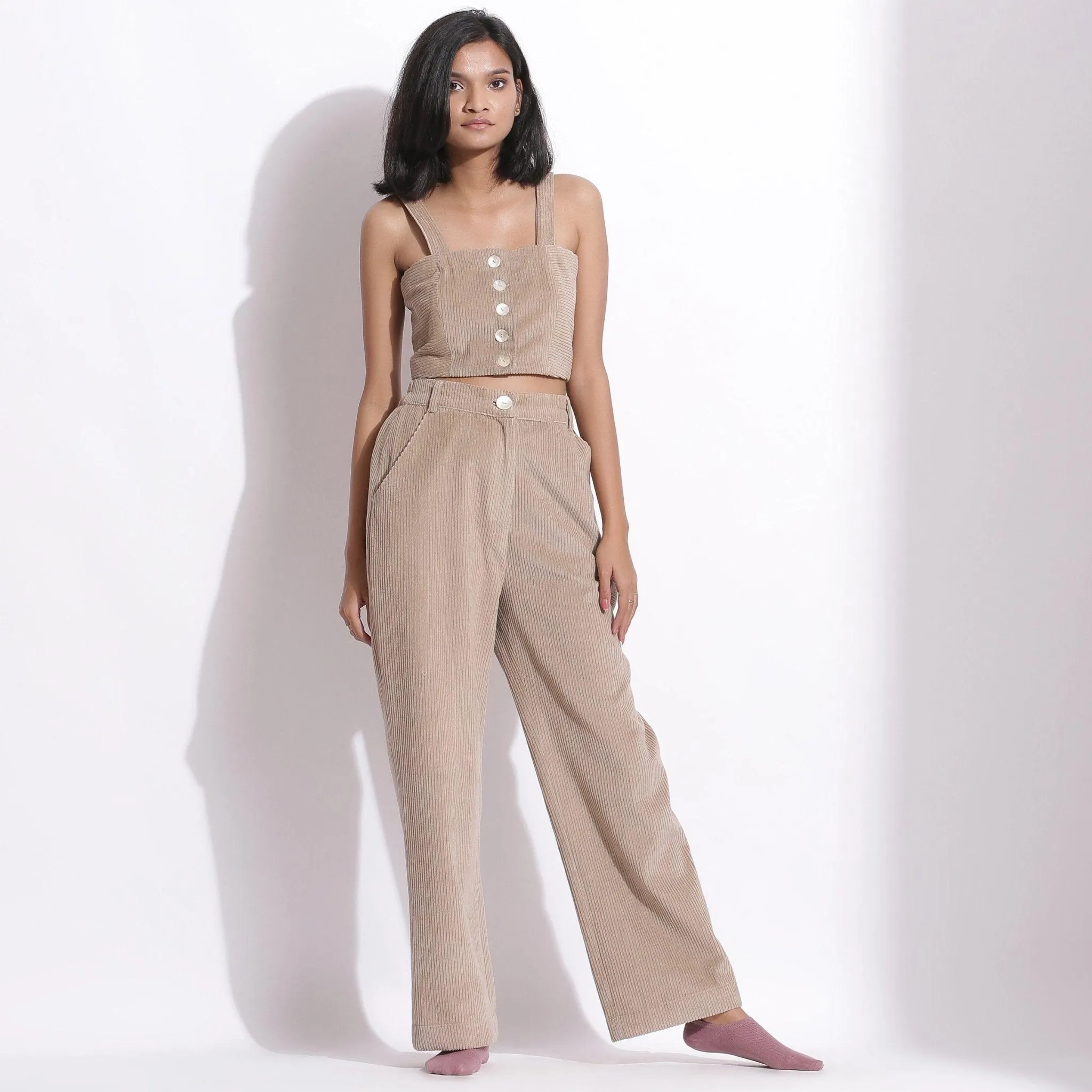 Taupe Beige Warm Cotton Corduroy Wide Legged Trousers