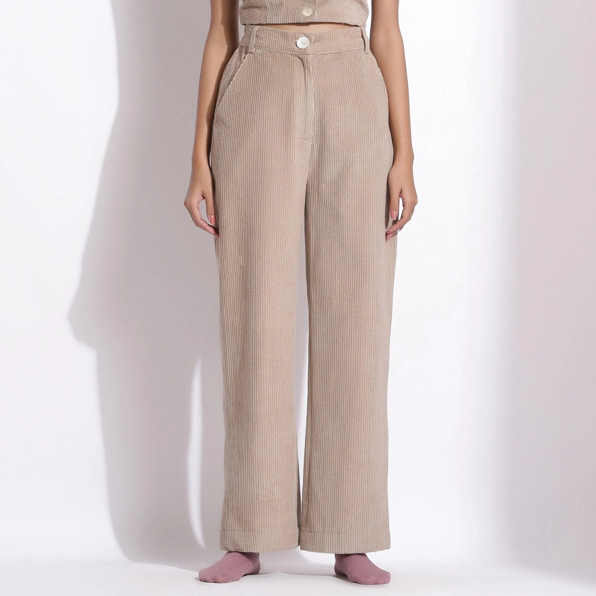 Taupe Beige Warm Cotton Corduroy Wide Legged Trousers