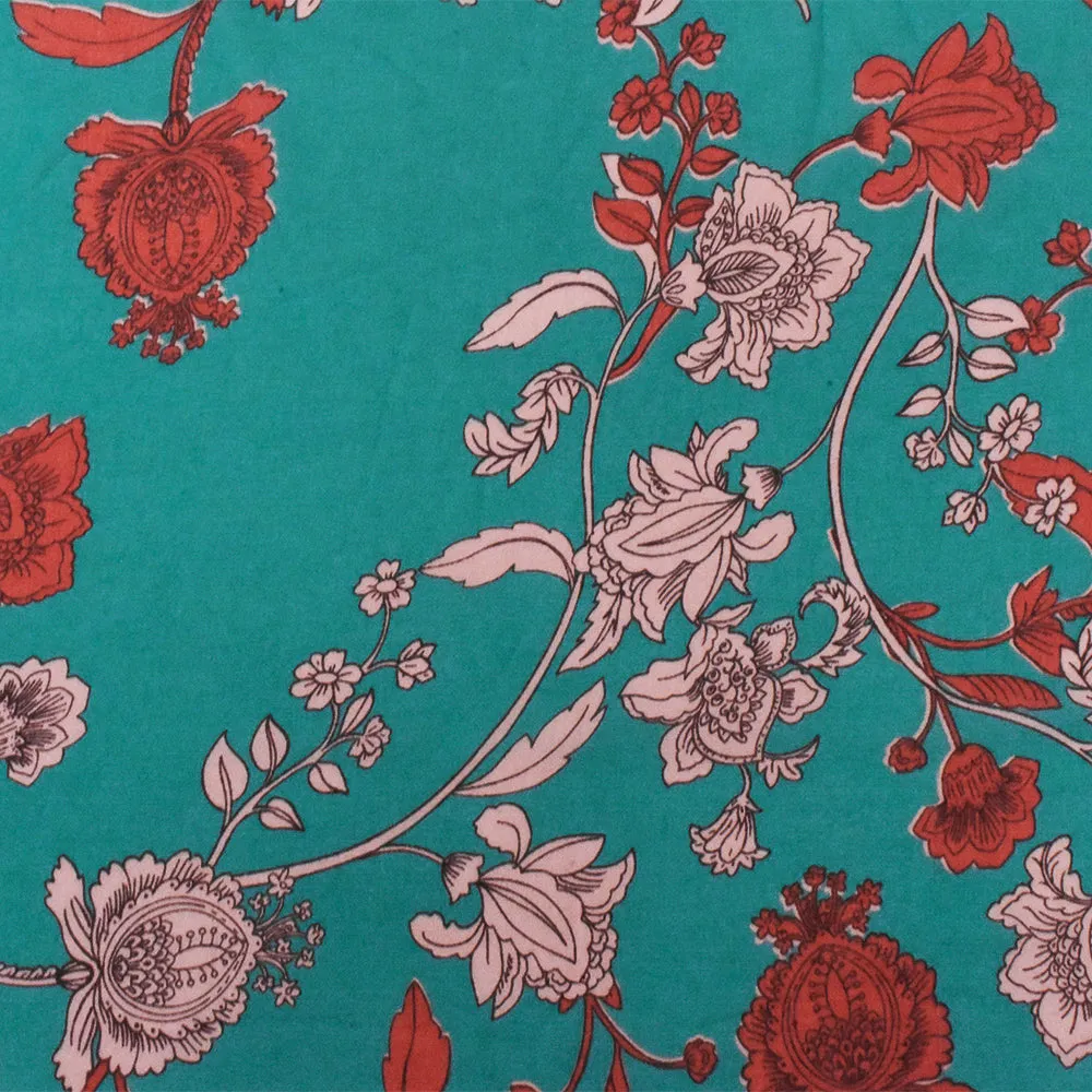 Teal-Red Floral Printed Poly Chiffon Woven Fabric