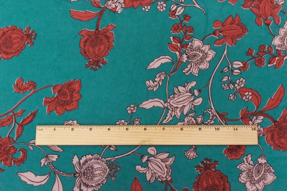 Teal-Red Floral Printed Poly Chiffon Woven Fabric