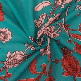 Teal-Red Floral Printed Poly Chiffon Woven Fabric