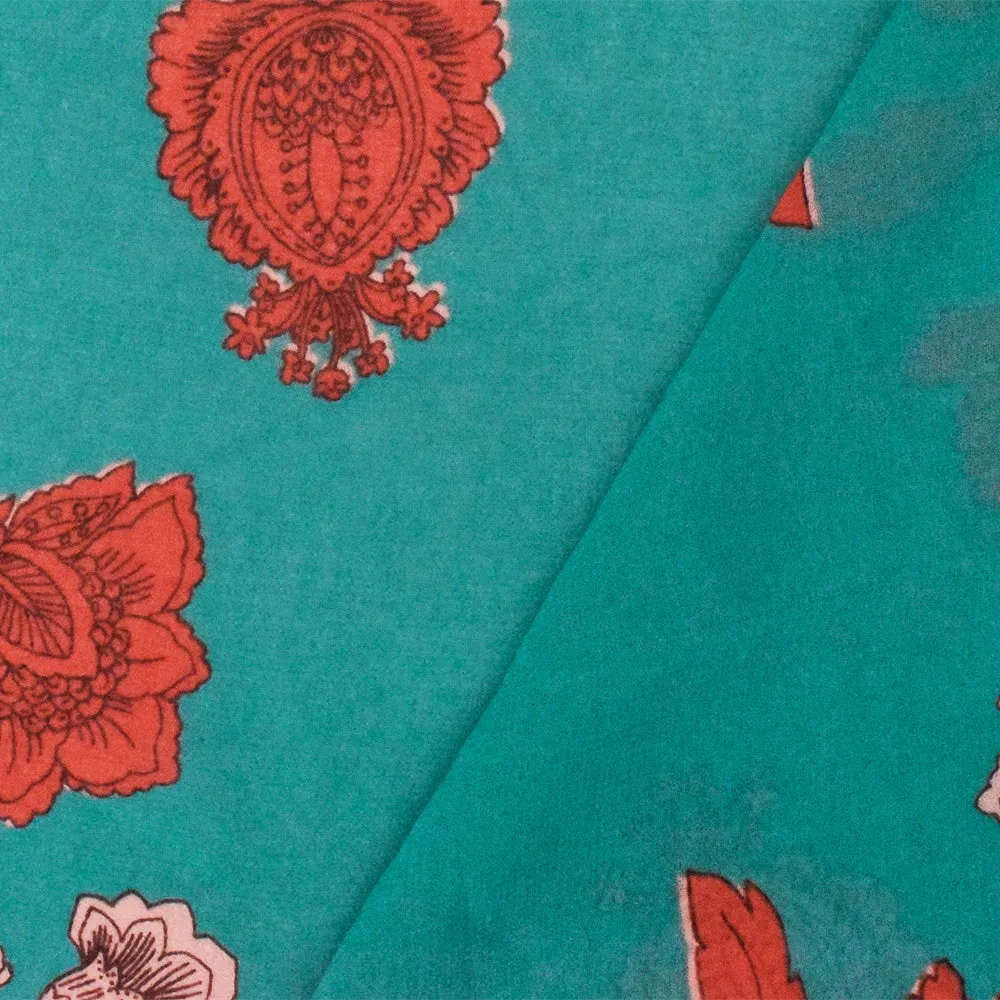 Teal-Red Floral Printed Poly Chiffon Woven Fabric