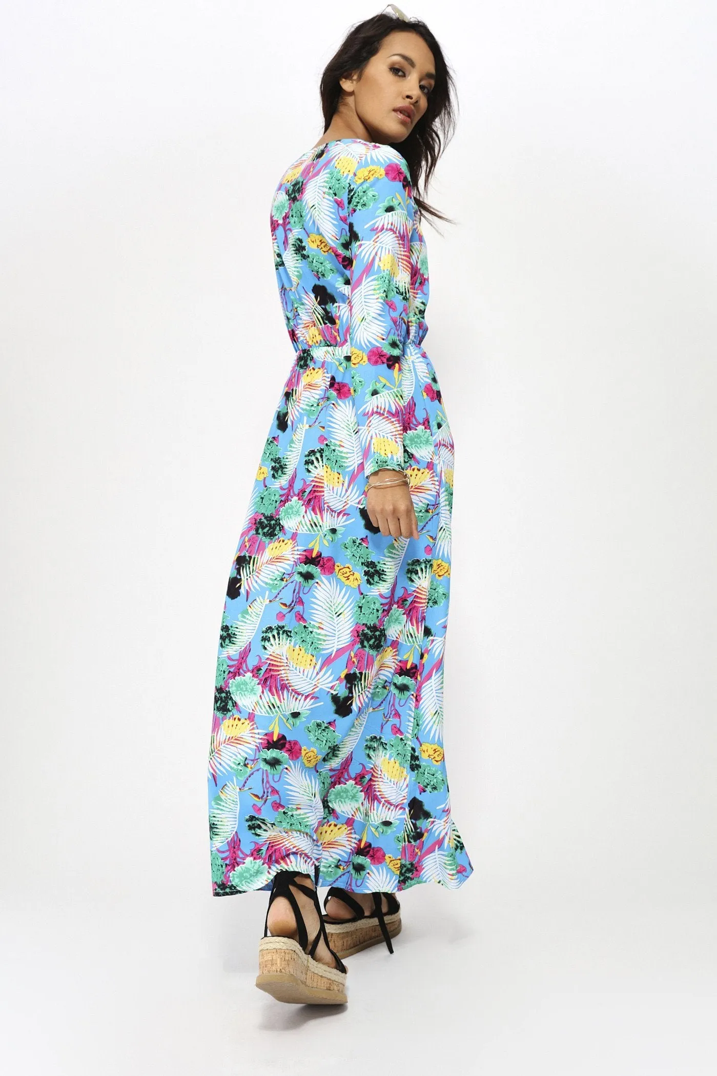 Turq Tropical Palm Print Maxi Dress