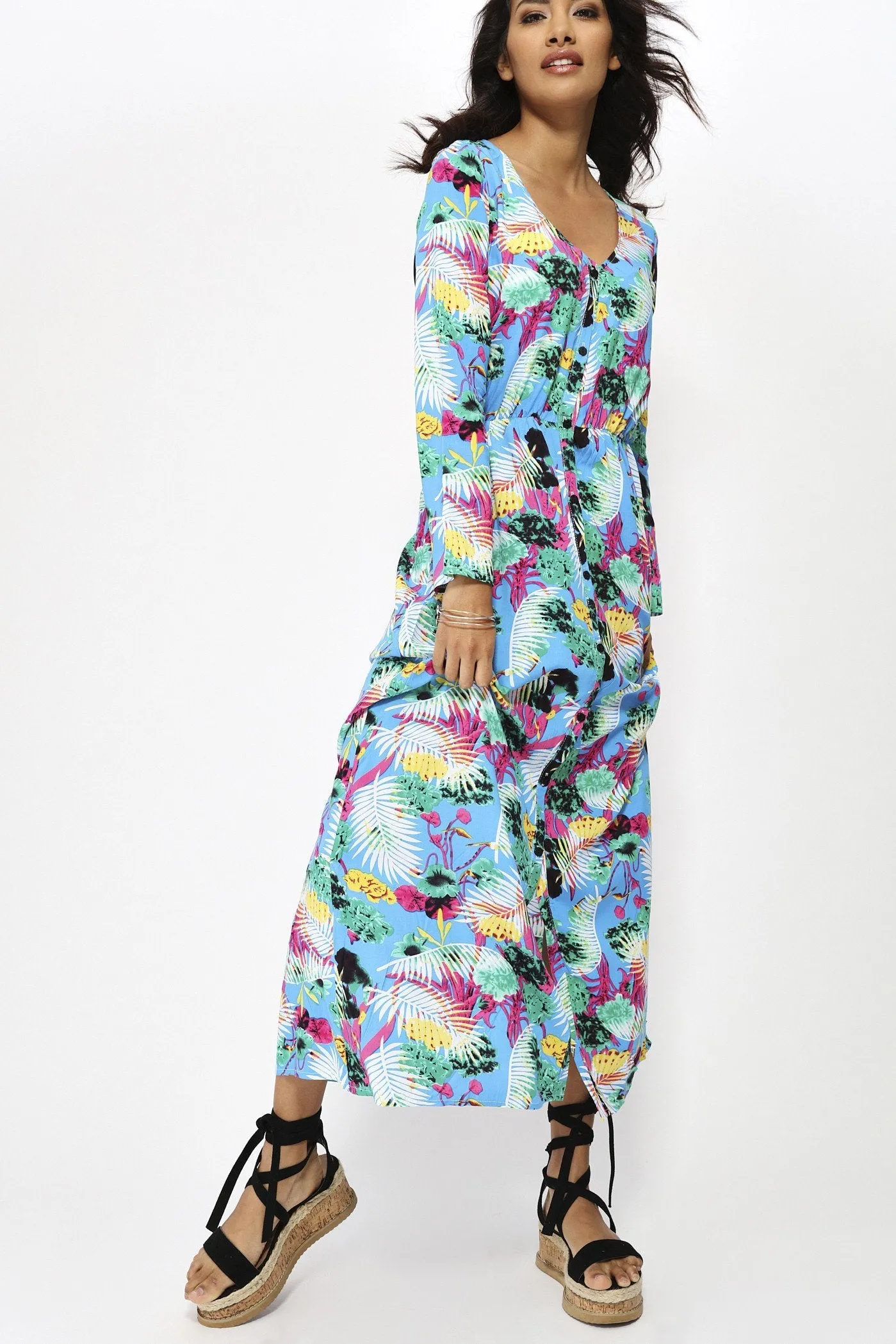 Turq Tropical Palm Print Maxi Dress