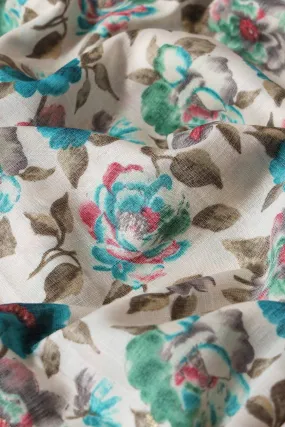 Turquoise And Green Floral Pattern With Foil Print On Off White Pure Rayon Fabric