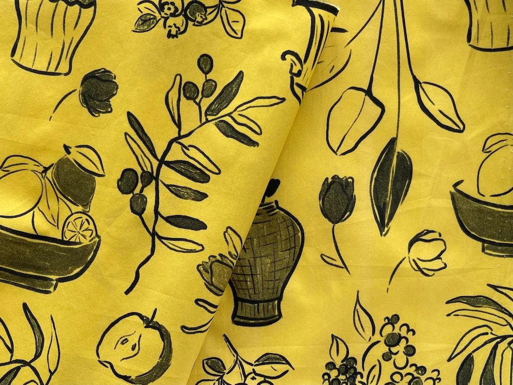 Tuscan Yellow Fruits & Foliage Cotton Poplin (Made in Italy)