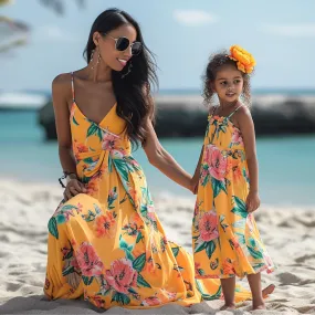 Twinning in Style Mom and Daughter Beach Flower Print Maxi Dresses