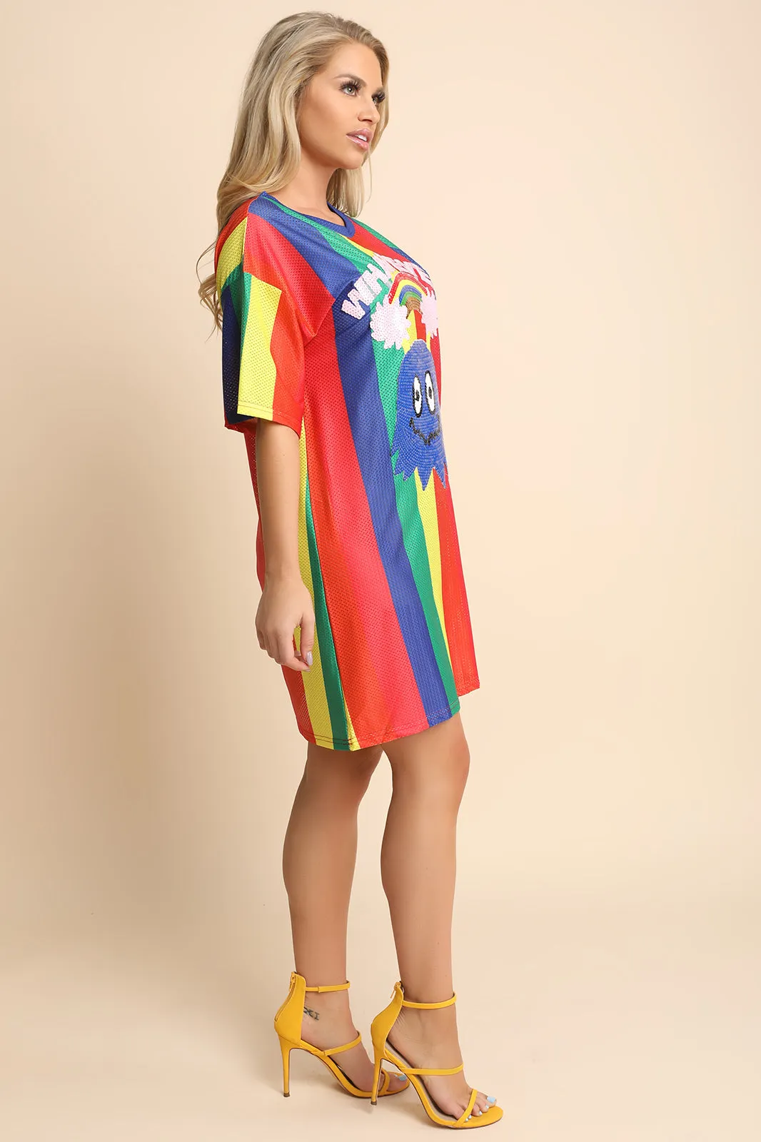 Whatever Sequins Color Striped Jersey Mesh Shift Dress