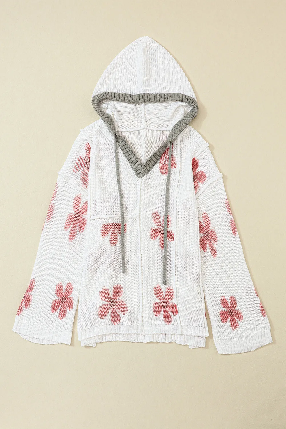 White Floral Print Lightweight Knit Hooded Sweater