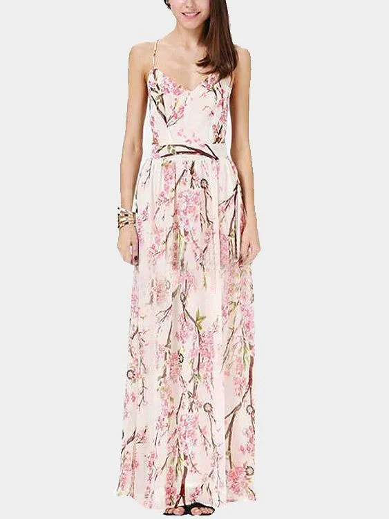 Wholesale Floral Print Bohemia Plunge Thin Shoulder Straps Cross Back Maxi Dress