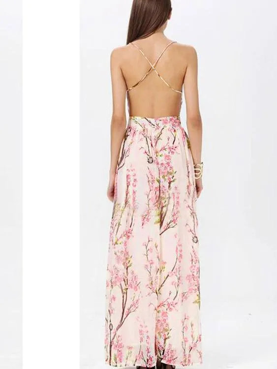 Wholesale Floral Print Bohemia Plunge Thin Shoulder Straps Cross Back Maxi Dress