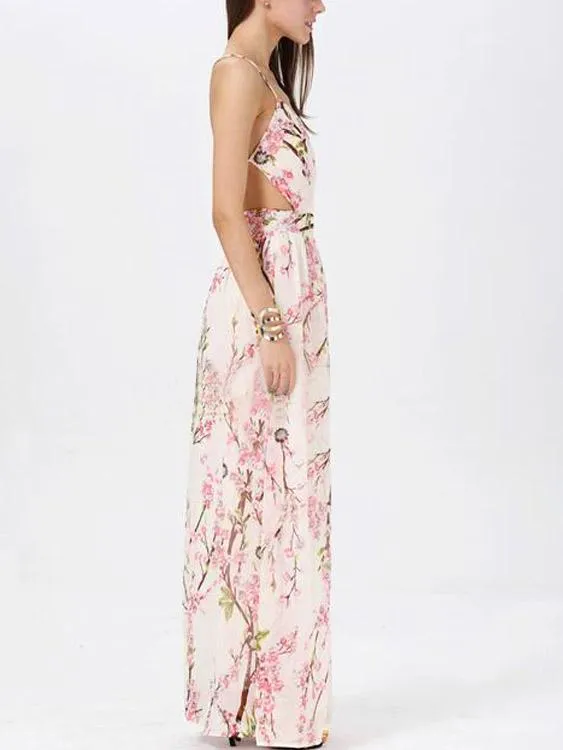 Wholesale Floral Print Bohemia Plunge Thin Shoulder Straps Cross Back Maxi Dress